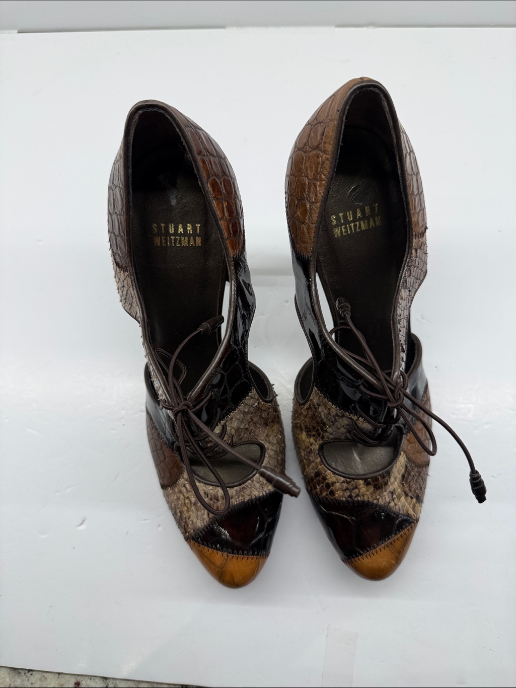 Stuart Weitzman Multi-Tone Brown Lace-Up Pointed Pumps